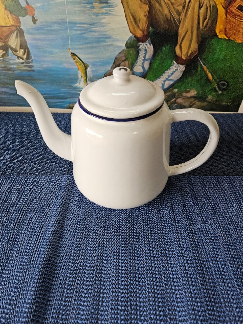 Vintage Enamel White with Blue Trim Kettle/Teapot (G1)